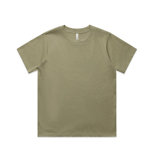 Olive green crew neck t-shirt with short sleeves and a relaxed fit.