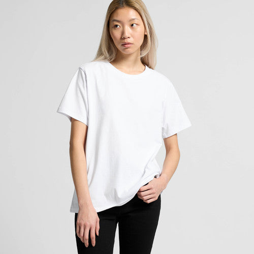 White oversized t-shirt with asymmetrical hem and short sleeves.