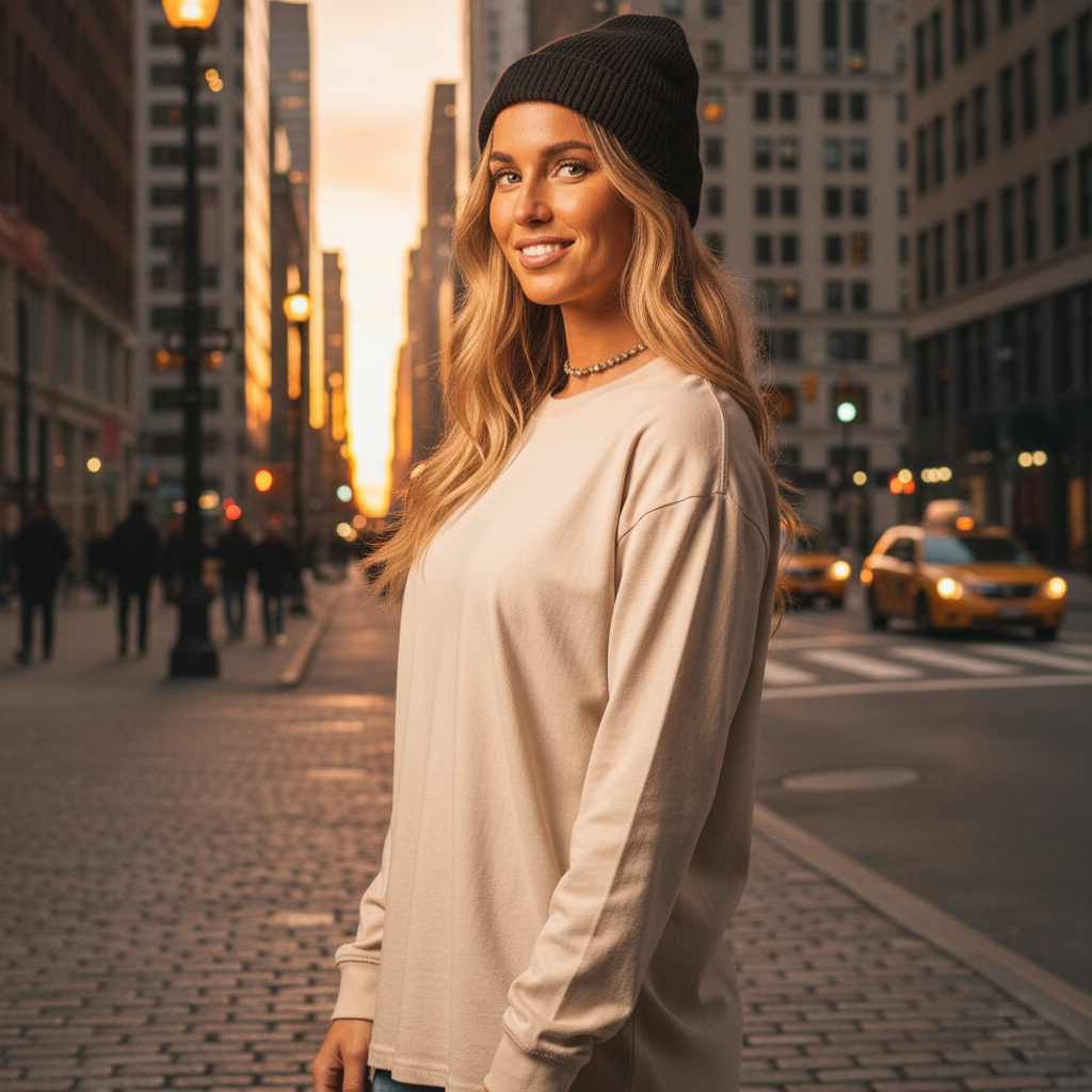 Beige long-sleeve oversized t-shirt with black beanie and necklace.