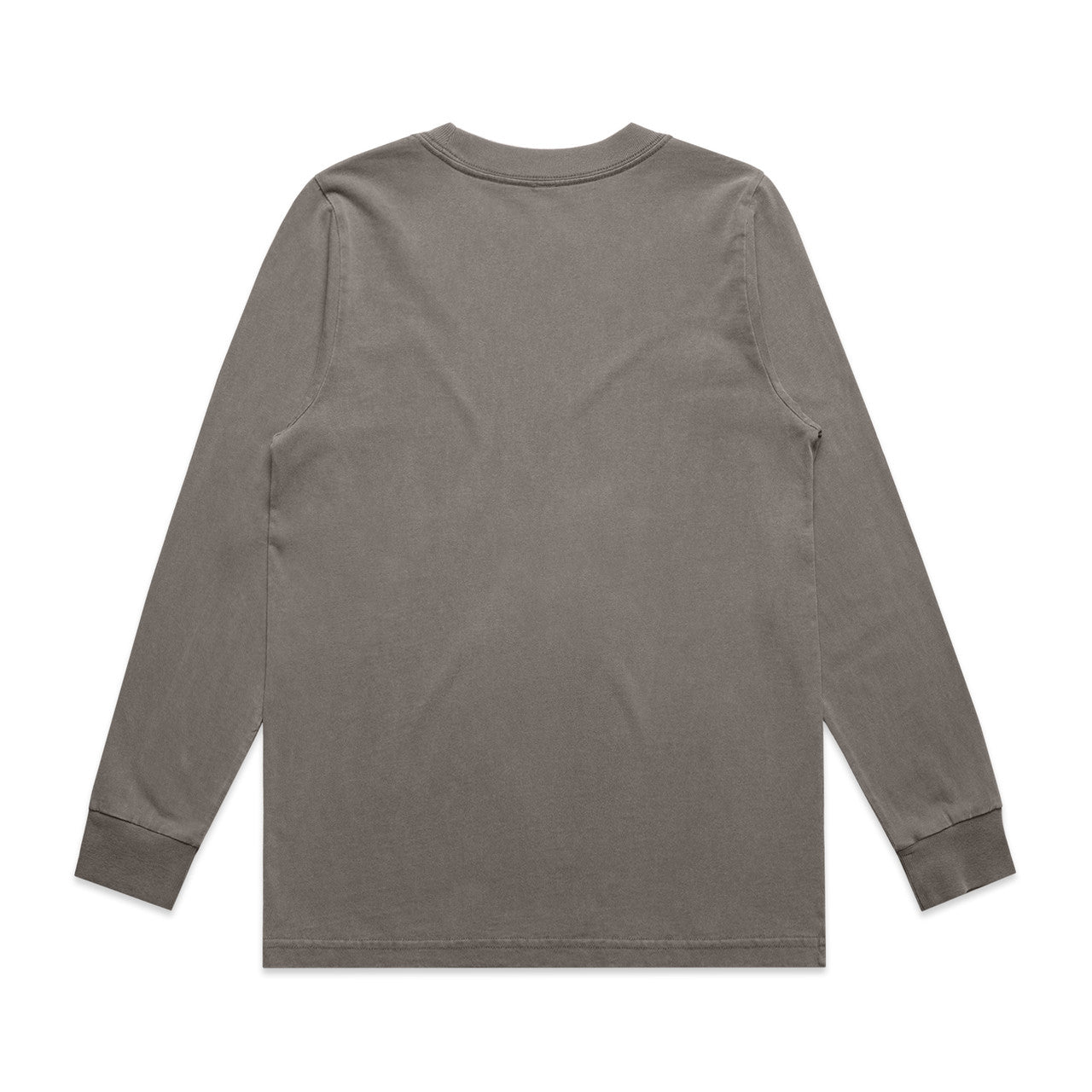 Charcoal gray long-sleeved t-shirt with ribbed cuffs and hem, featuring a simple crew neck design.