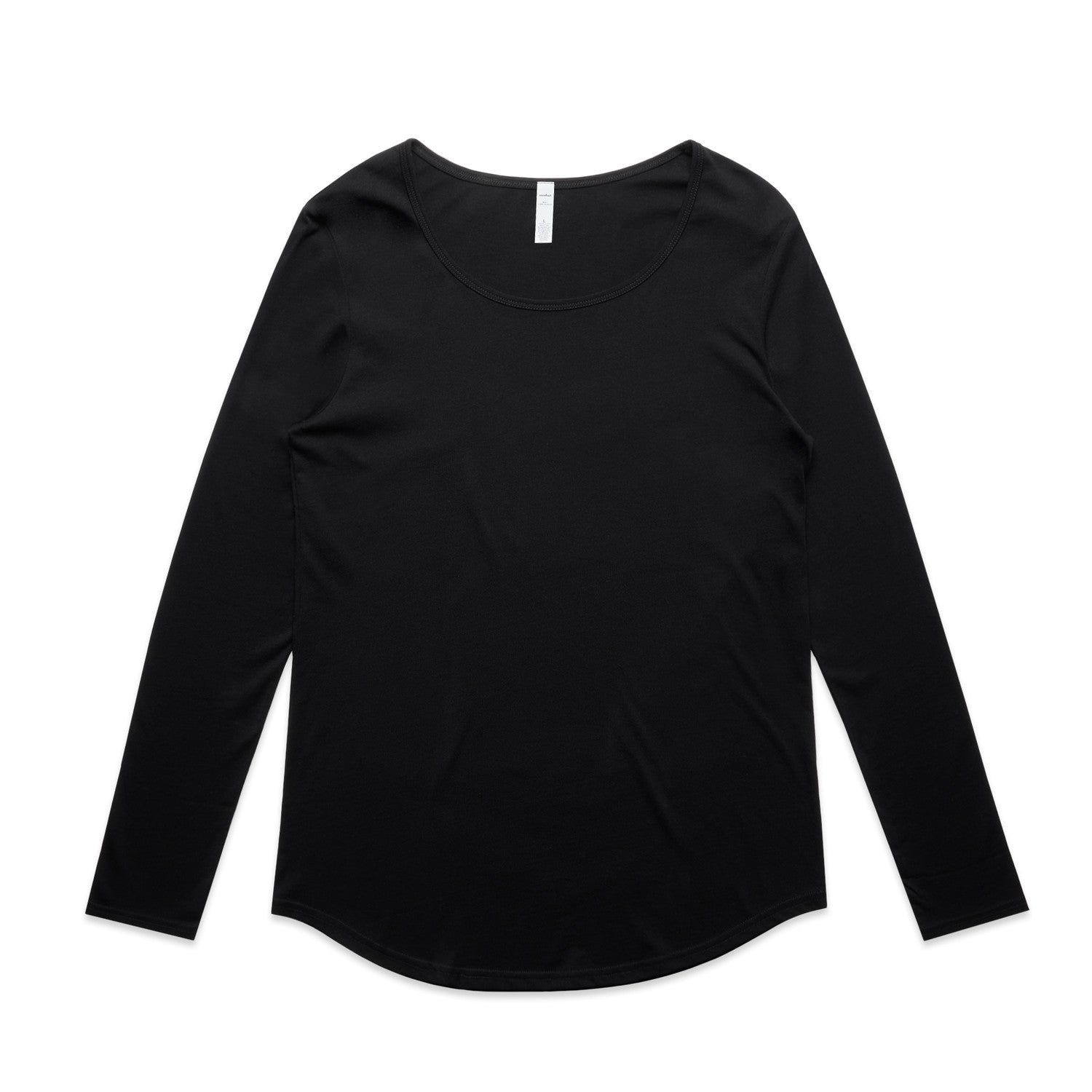 Black long-sleeved shirt with a relaxed fit and rounded neckline.