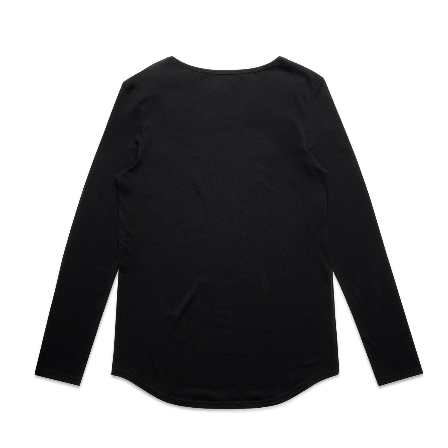 Black long-sleeved shirt with a relaxed fit and rounded neckline.