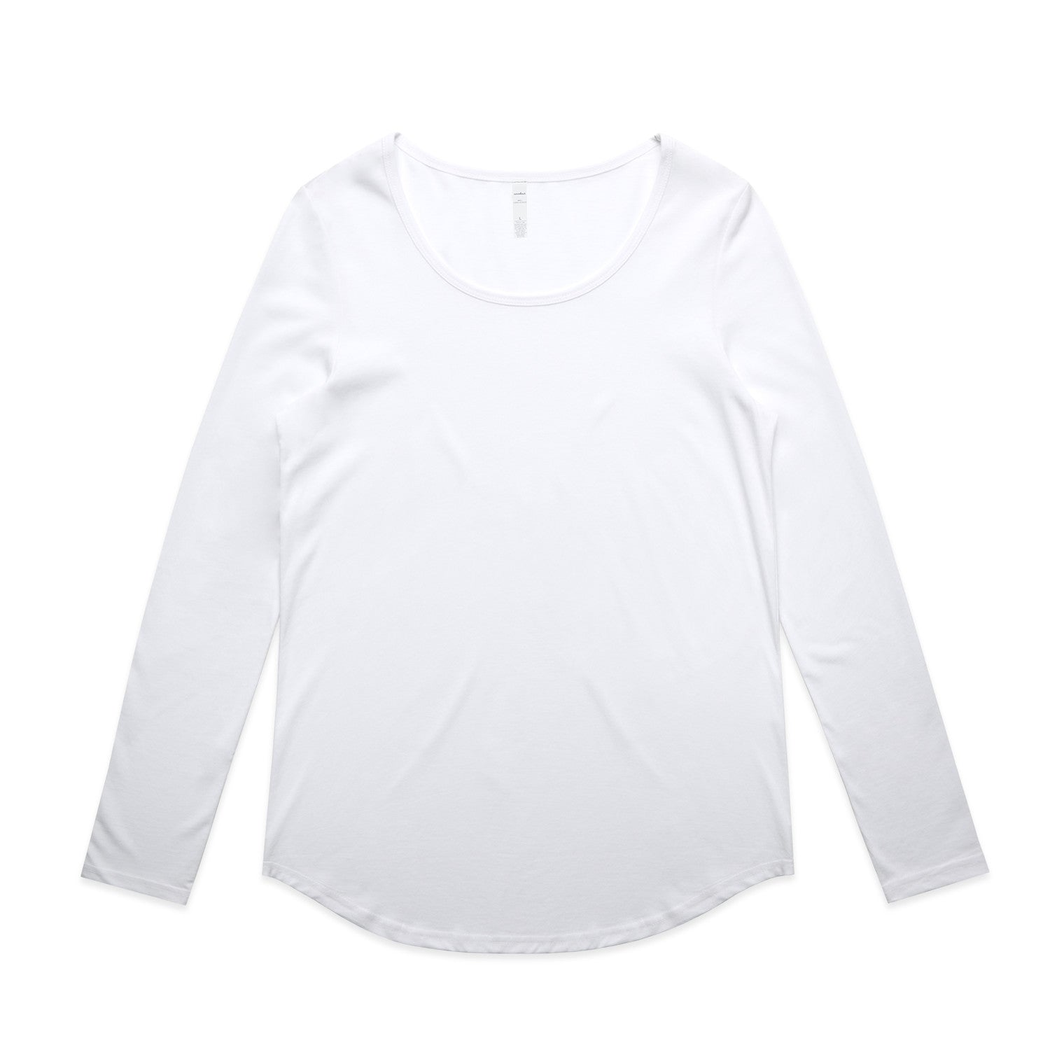 White long-sleeved scoop neck t-shirt with a relaxed fit and soft cotton material.