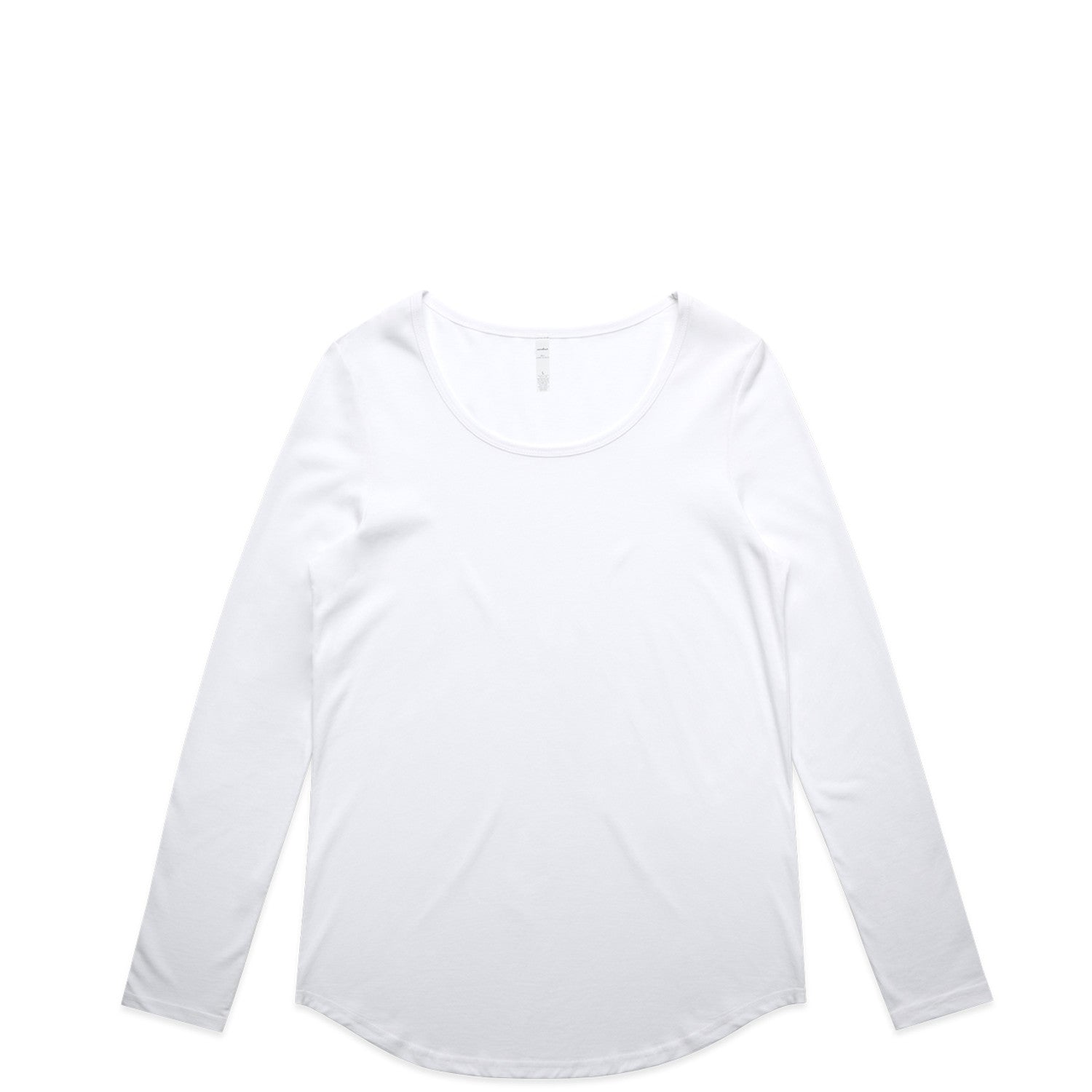 White long-sleeved scoop neck t-shirt with a relaxed fit and soft cotton material.