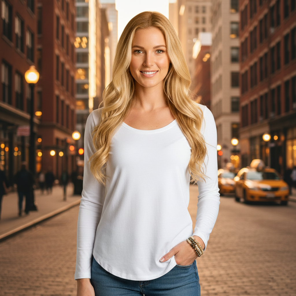 White long-sleeved top with a relaxed fit and scoop neckline.