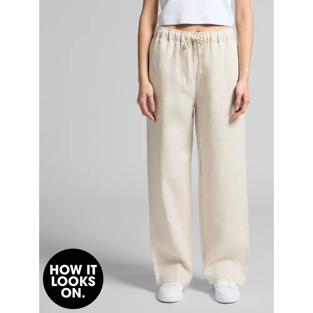 Beige drawstring wide-leg pants.