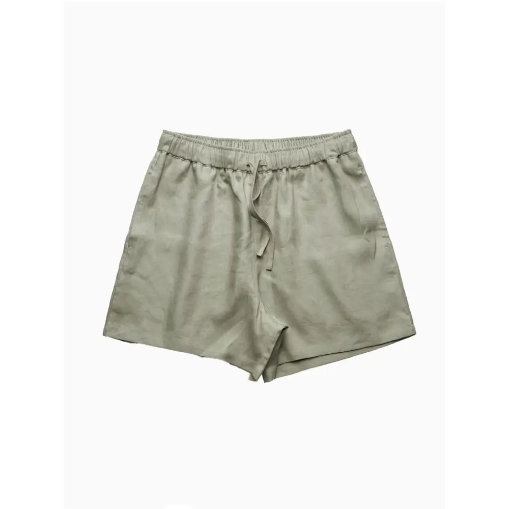 Olive green drawstring shorts.