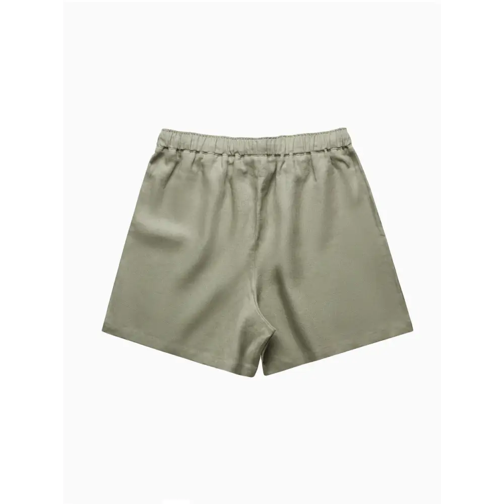 Olive green satin shorts.