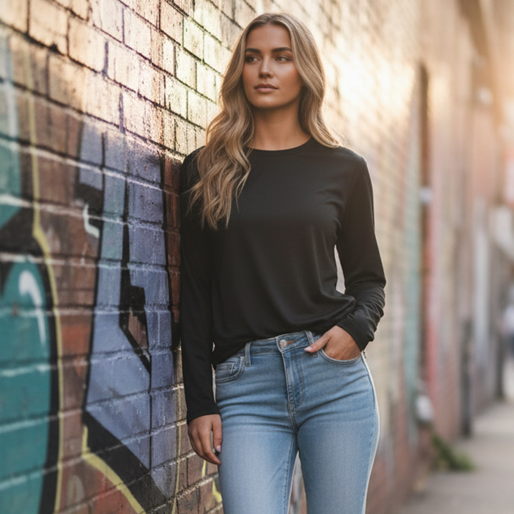 Black long-sleeve top with ribbed cuffs and hem, casual fit.