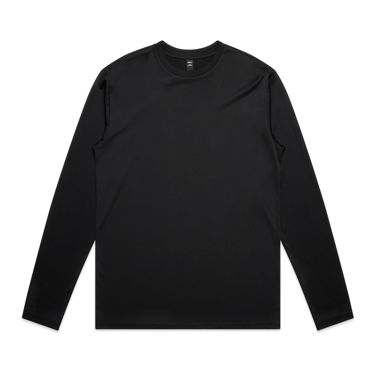 Black long-sleeved crew neck t-shirt with a ribbed neckline and cuffs.