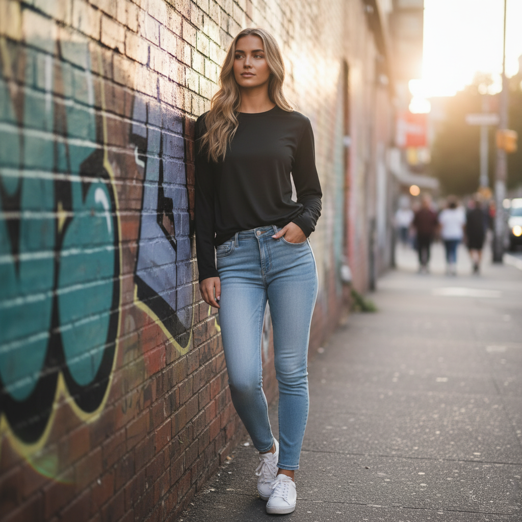 Black long-sleeve top with white sneakers and blue jeans.