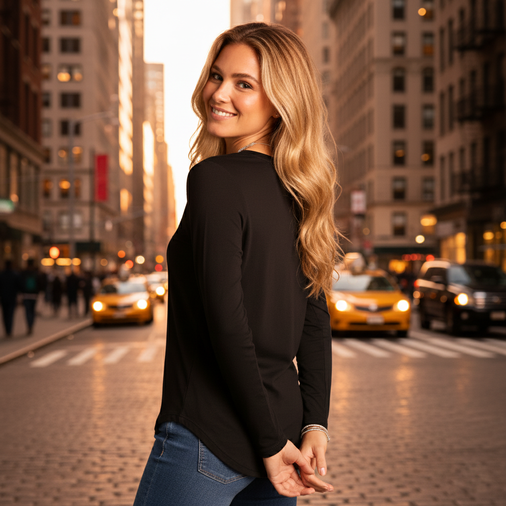 Black long-sleeve blouse with a v-neck and fitted silhouette.