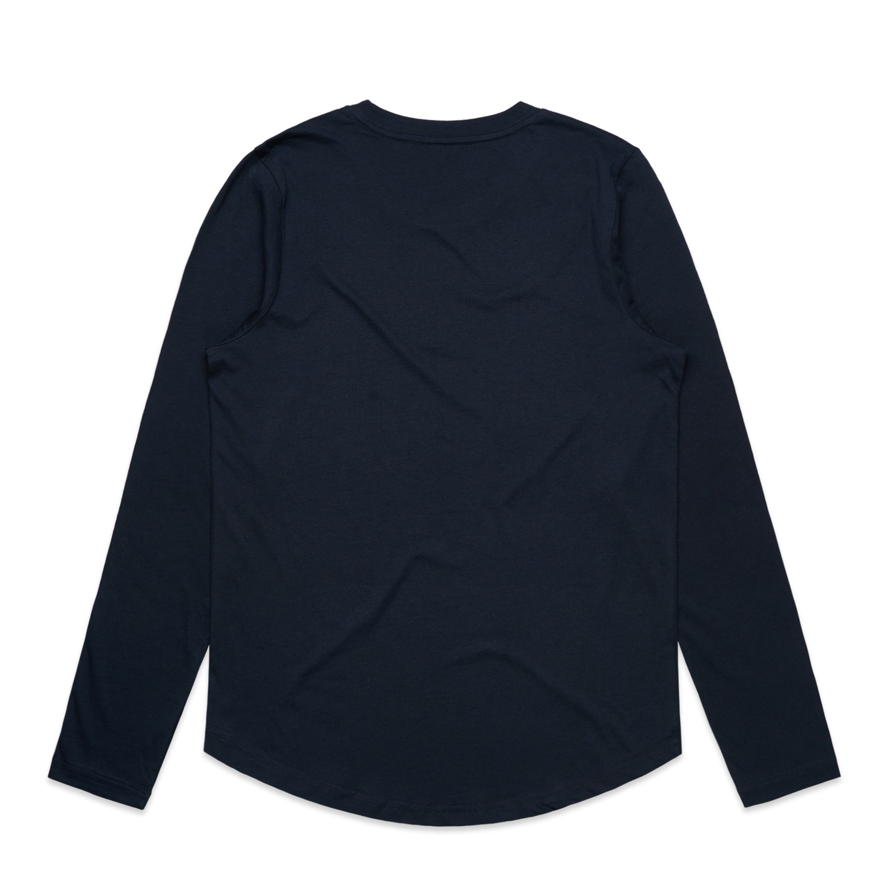 Navy blue long-sleeved t-shirt with a curved hem and ribbed neckline.