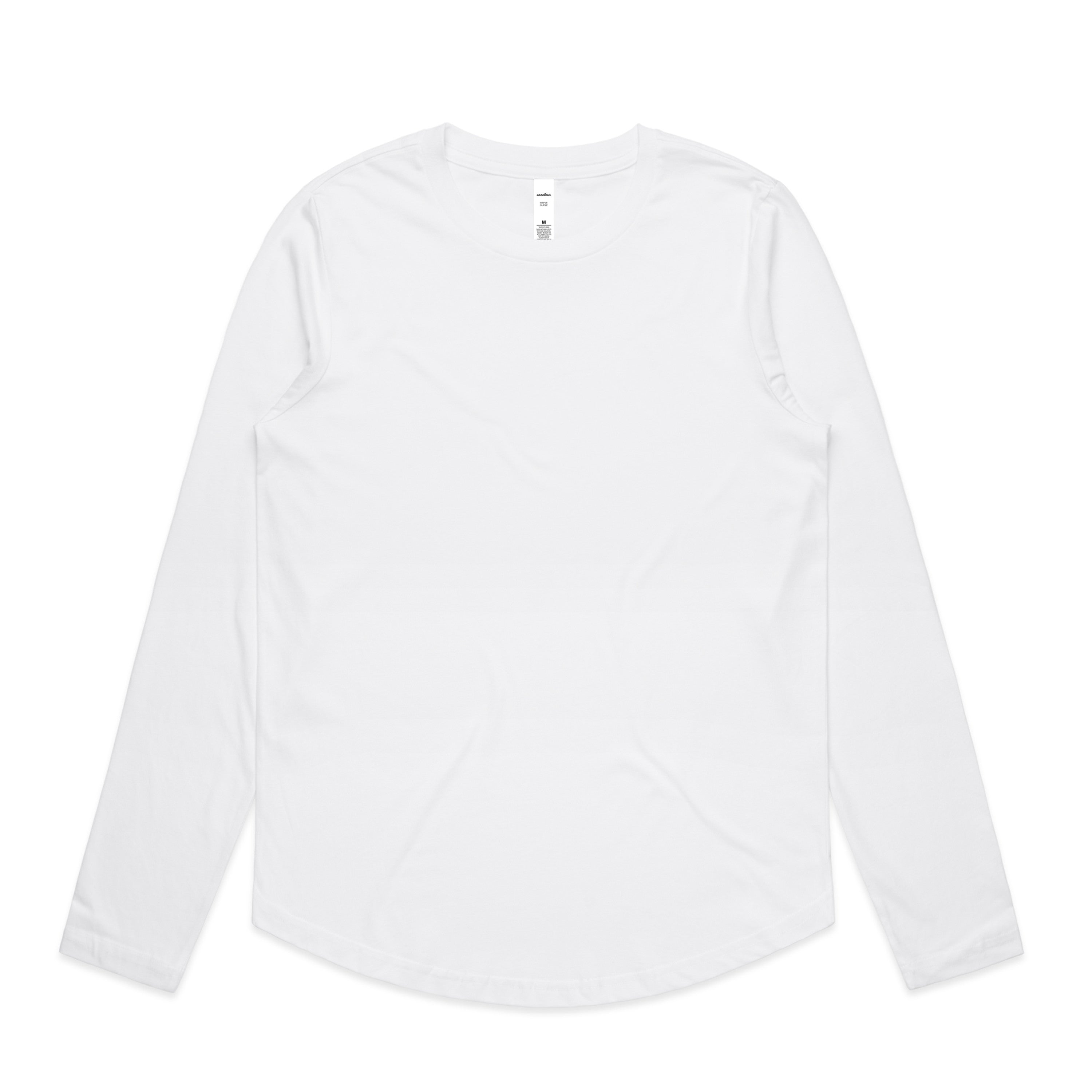 White long-sleeved shirt with a crew neck and ribbed cuffs.