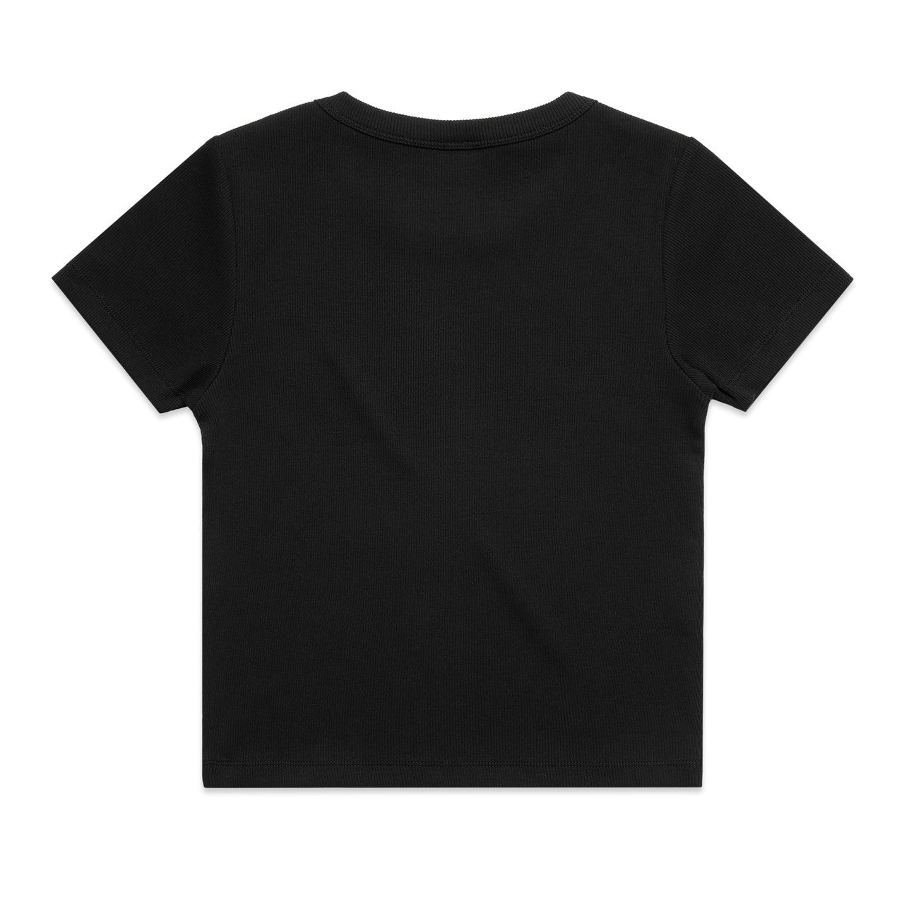 Black crew neck t-shirt with short sleeves and a relaxed fit.