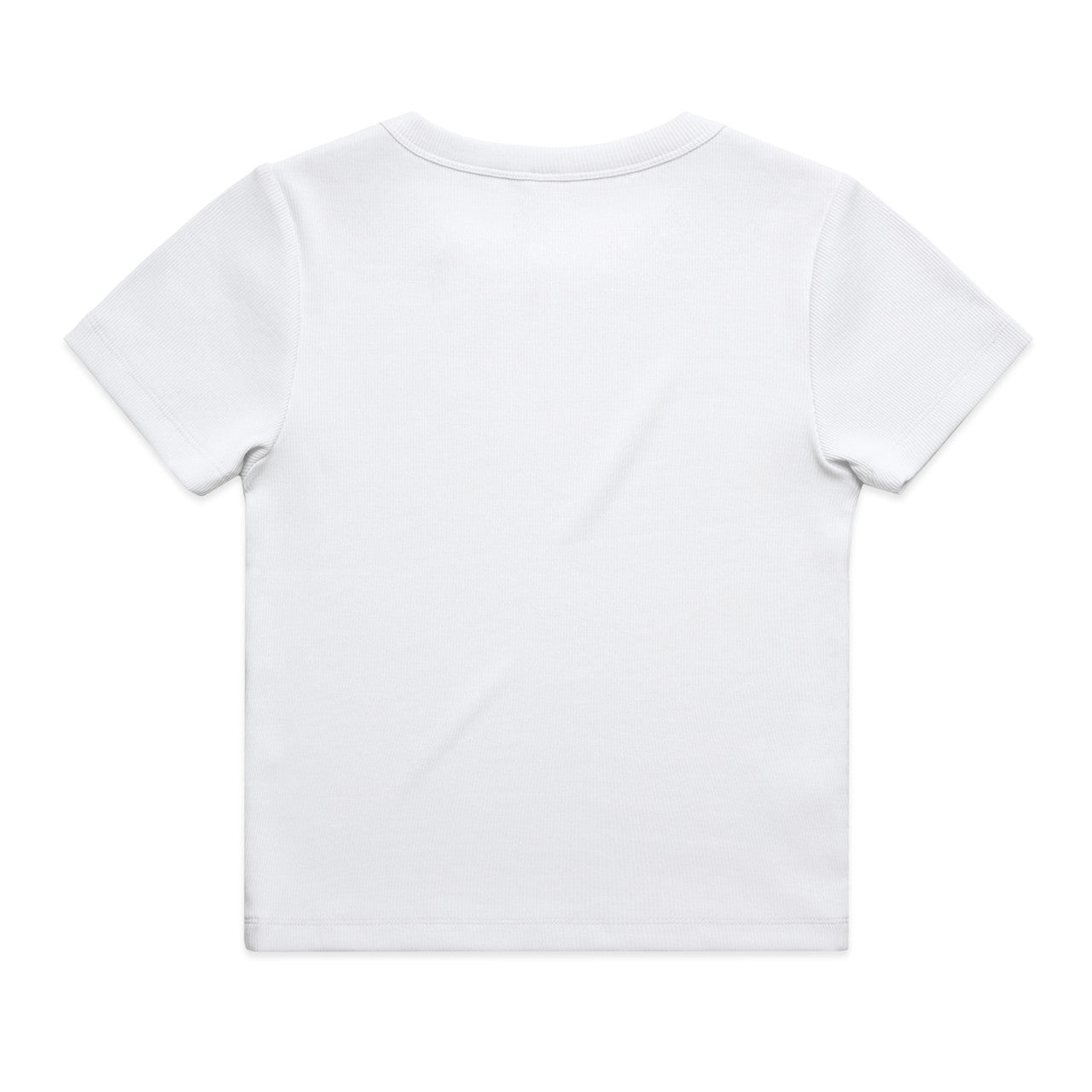 White short-sleeved t-shirt with a round neckline and simple design.