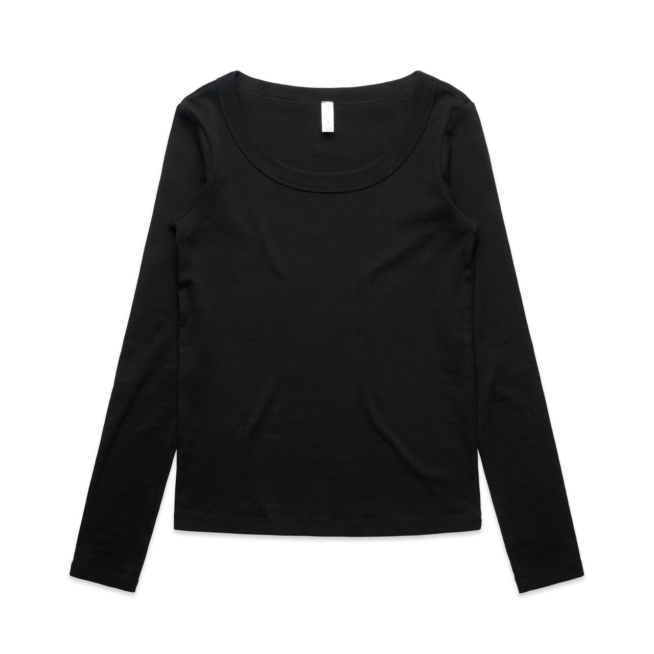 Black long-sleeved scoop neck top with a relaxed fit and soft material.