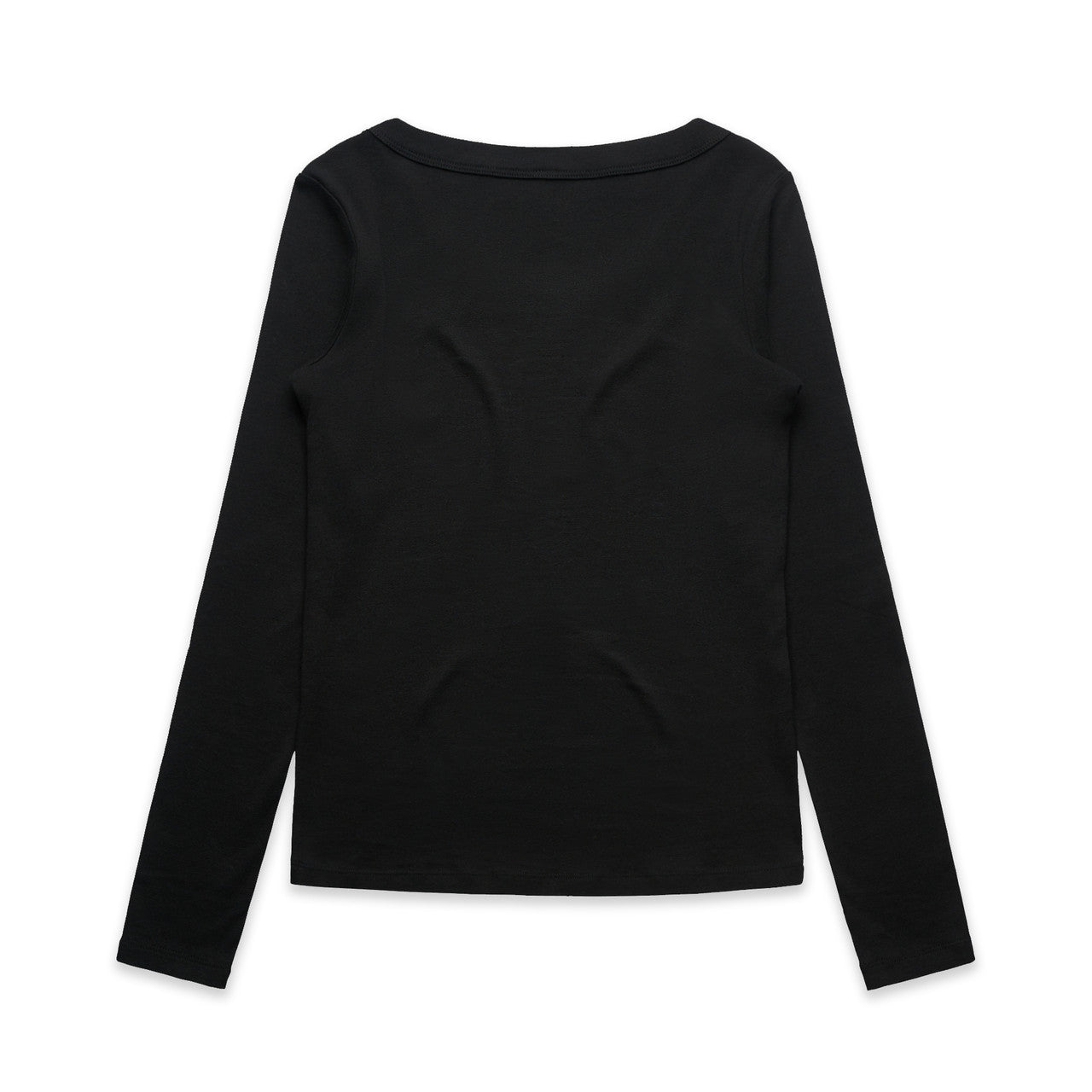 Black long-sleeved shirt with a round neckline and ribbed cuffs.