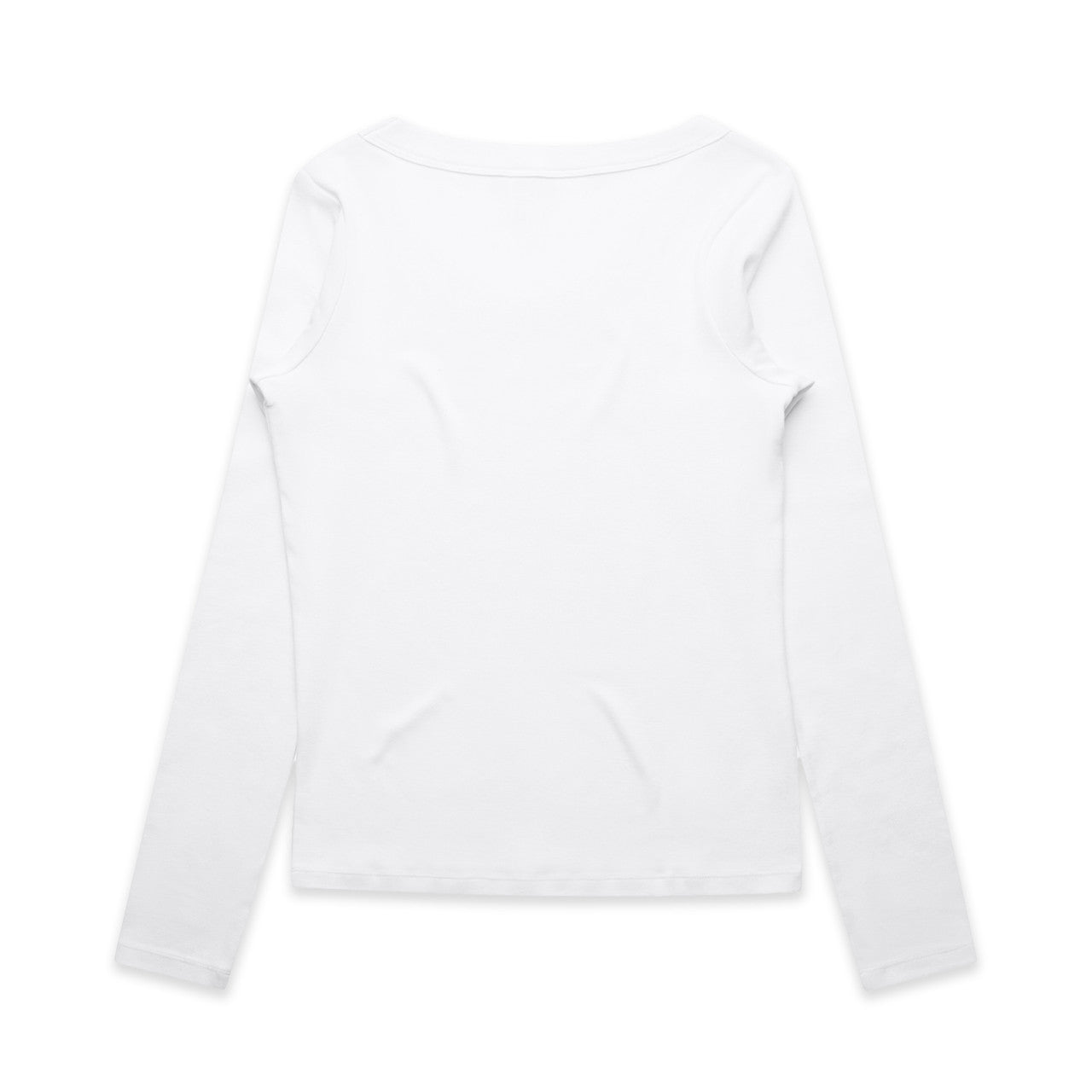 White long-sleeved shirt with a round neckline and relaxed fit.