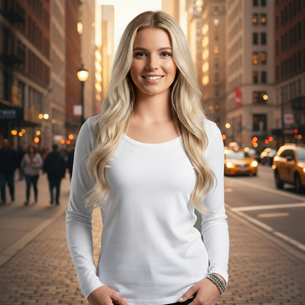 White long-sleeved scoop neck t-shirt with a relaxed fit and soft cotton material.
