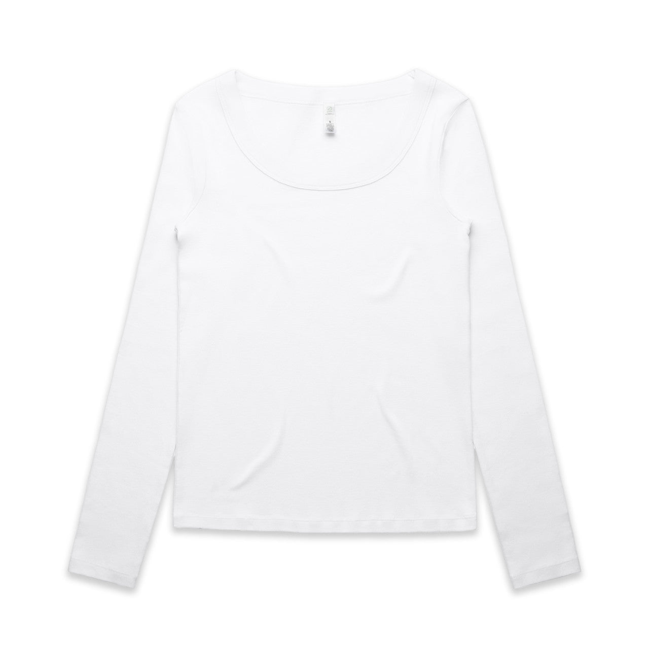 White long-sleeved shirt with a scooped neckline and ribbed cuffs.