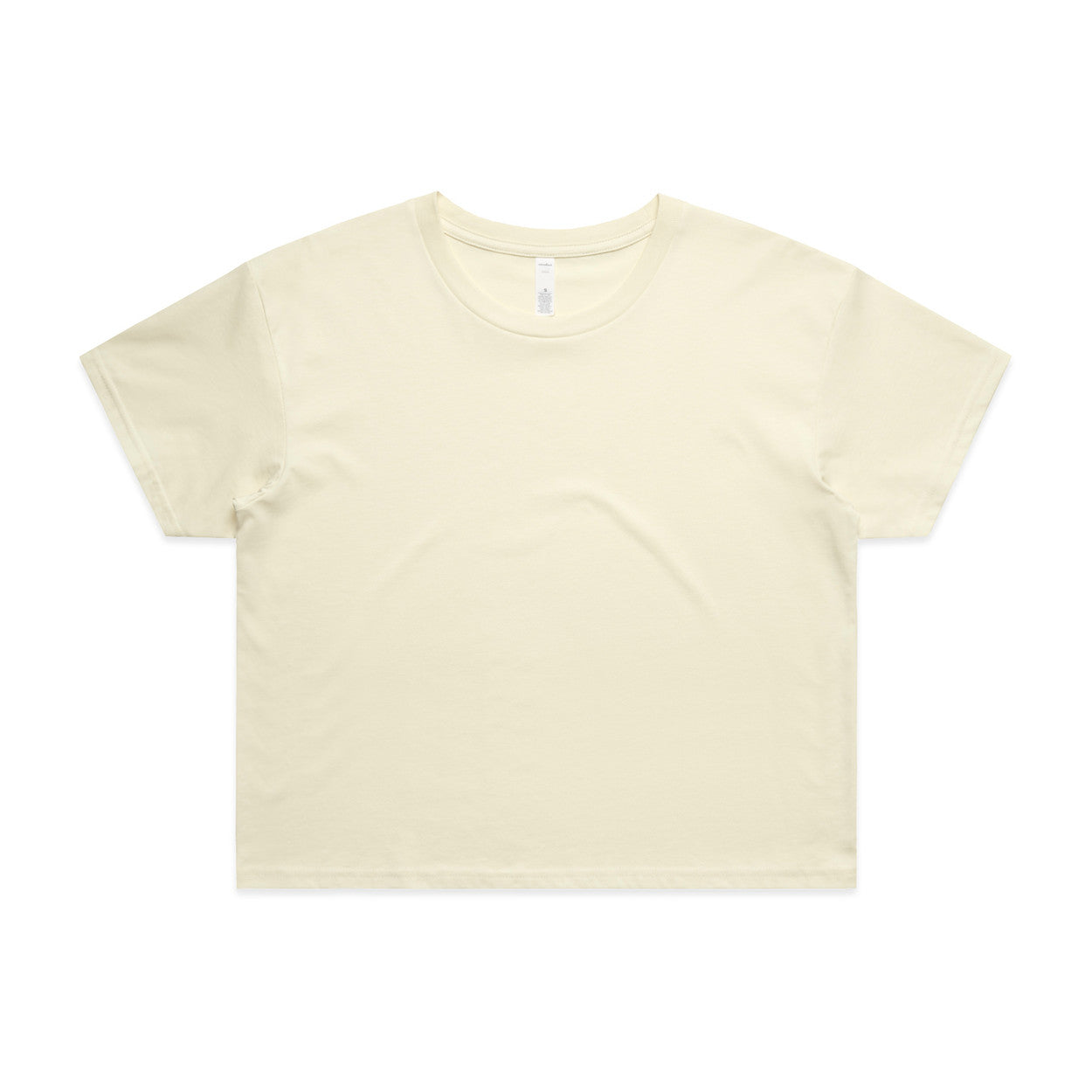 Cream-colored cropped t-shirt with short sleeves and a round neckline.
