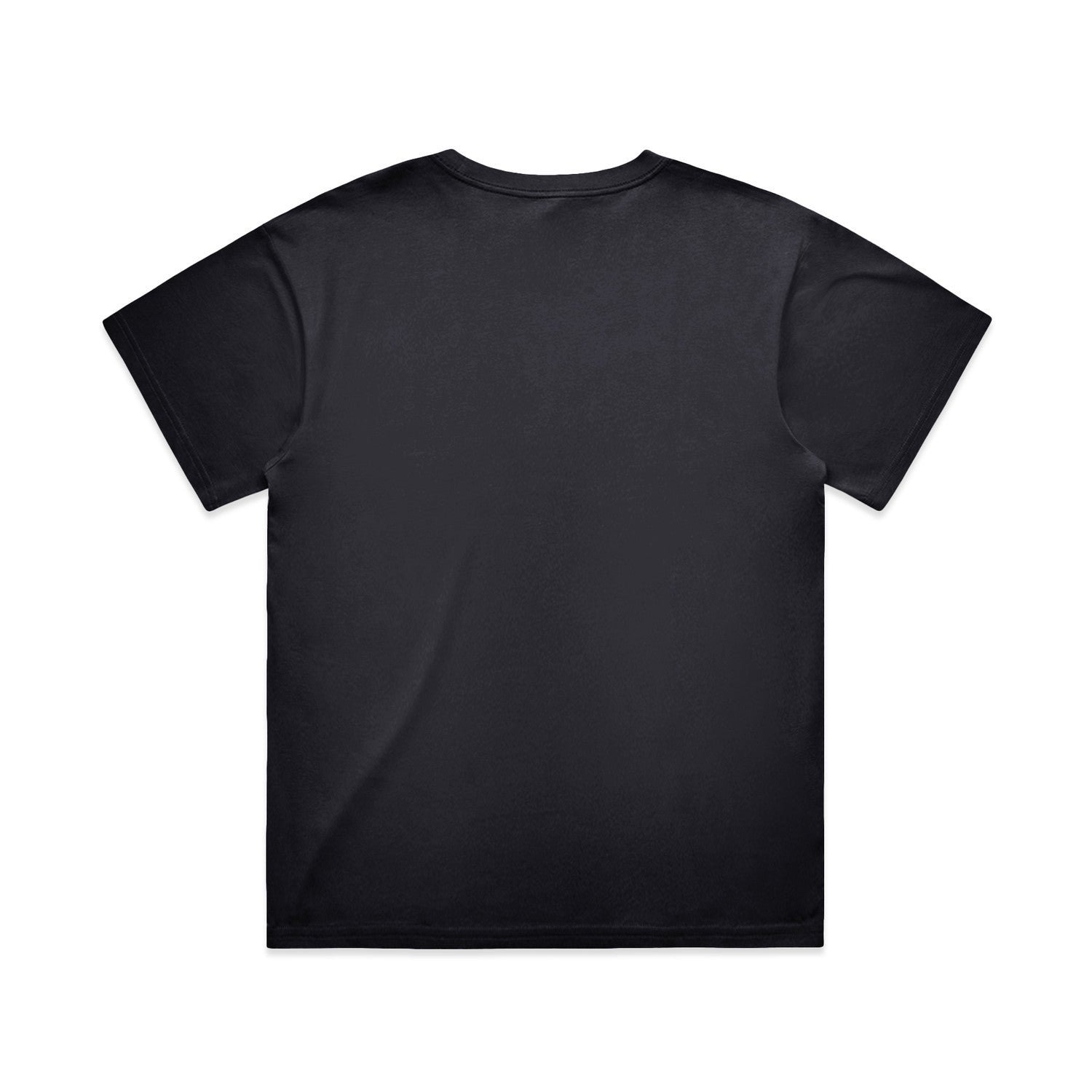 Black t-shirt with short sleeves and crew neck.