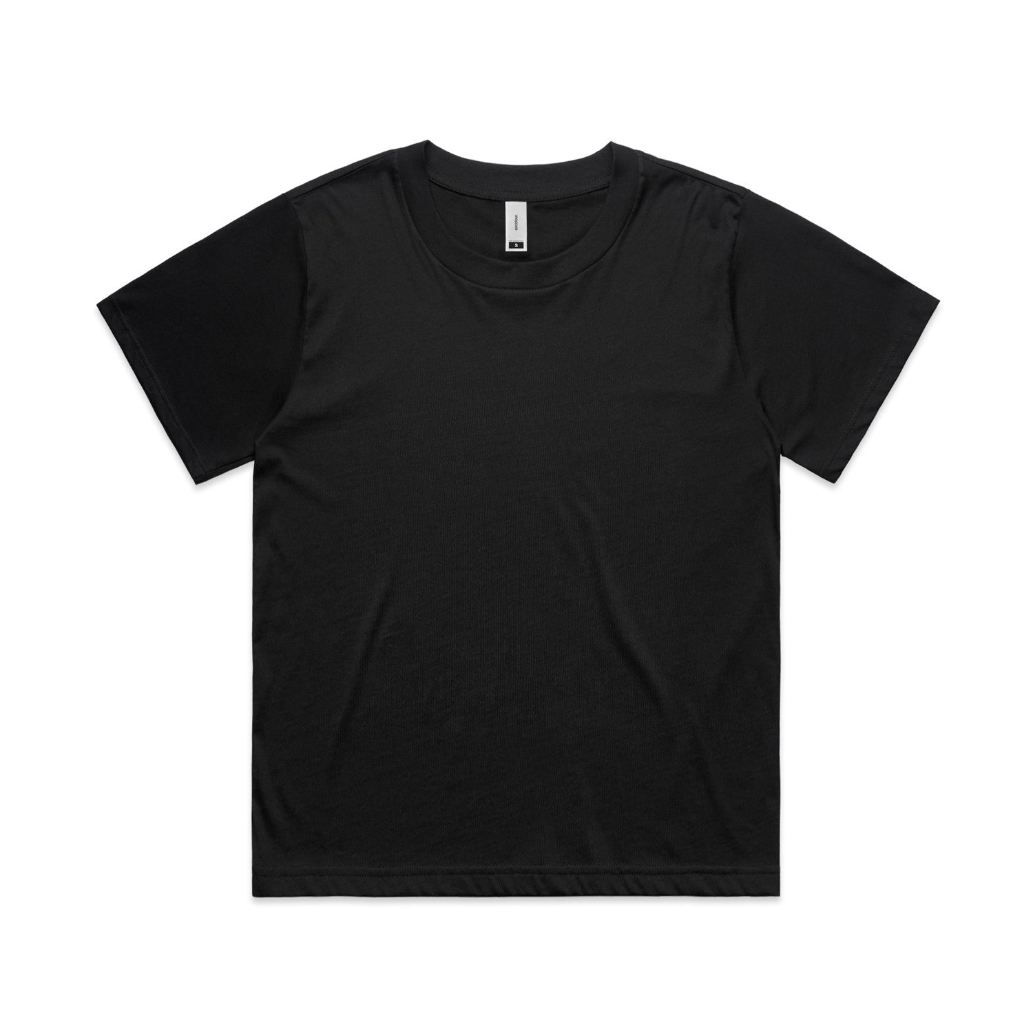 Black t-shirt with short sleeves and crew neck, made of cotton.