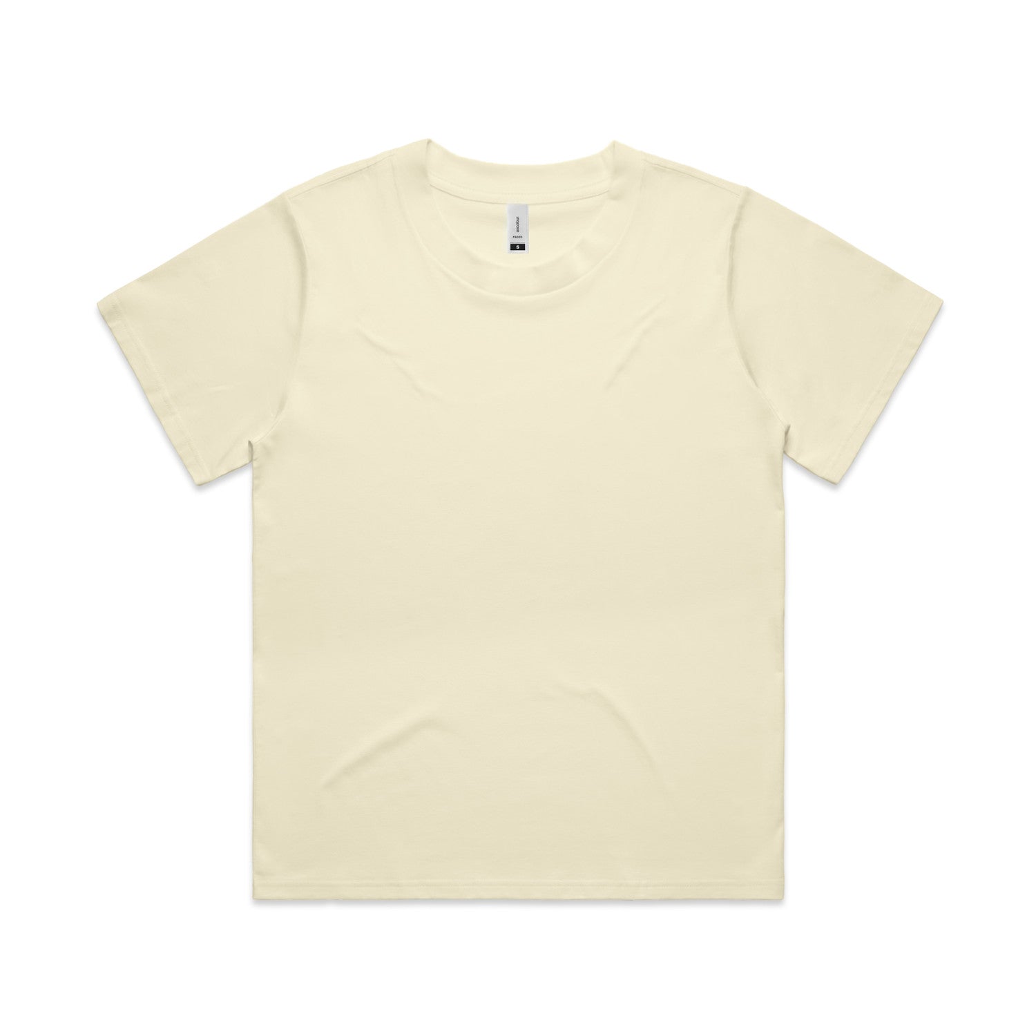 Cream-colored crew neck t-shirt with short sleeves and a ribbed neckline, made of soft cotton.