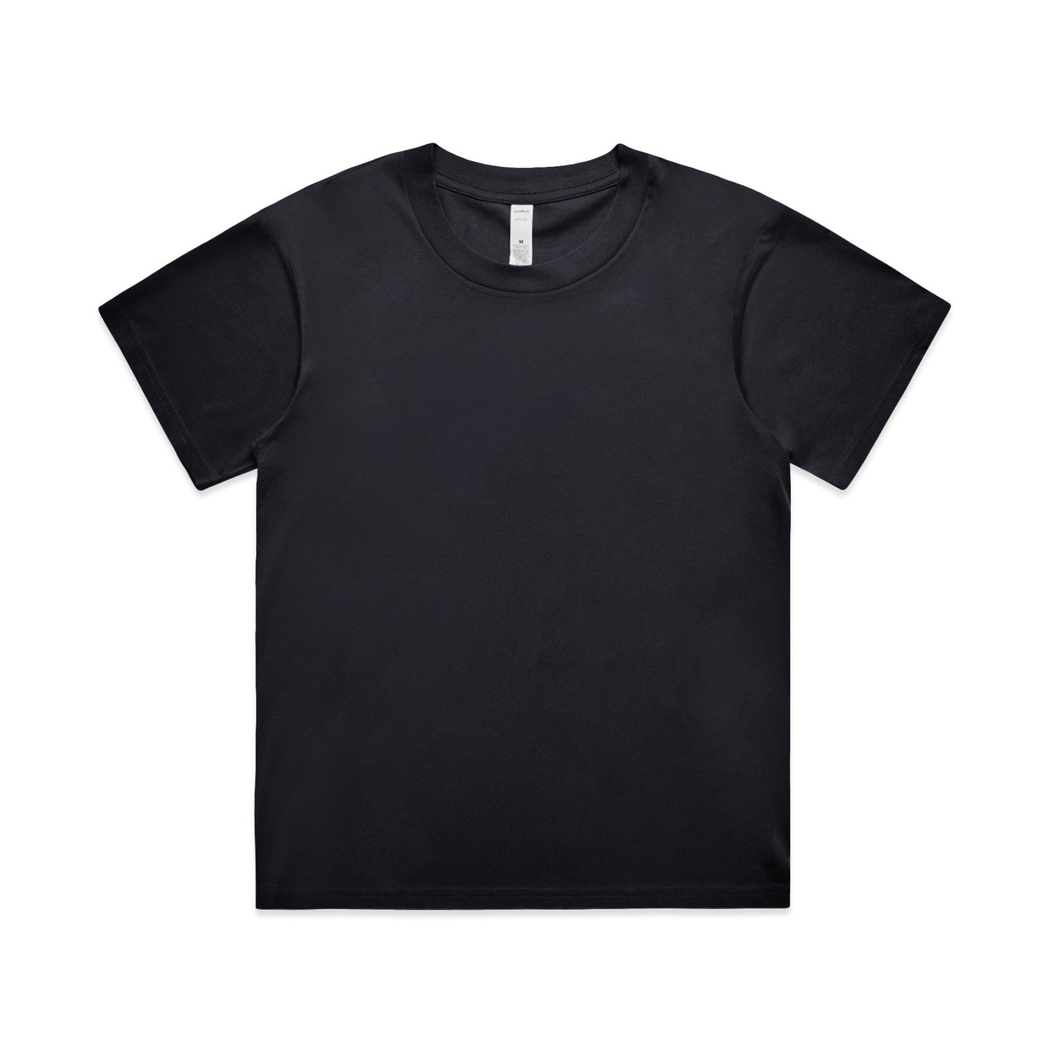 Black crew neck t-shirt with short sleeves and a ribbed neckline.
