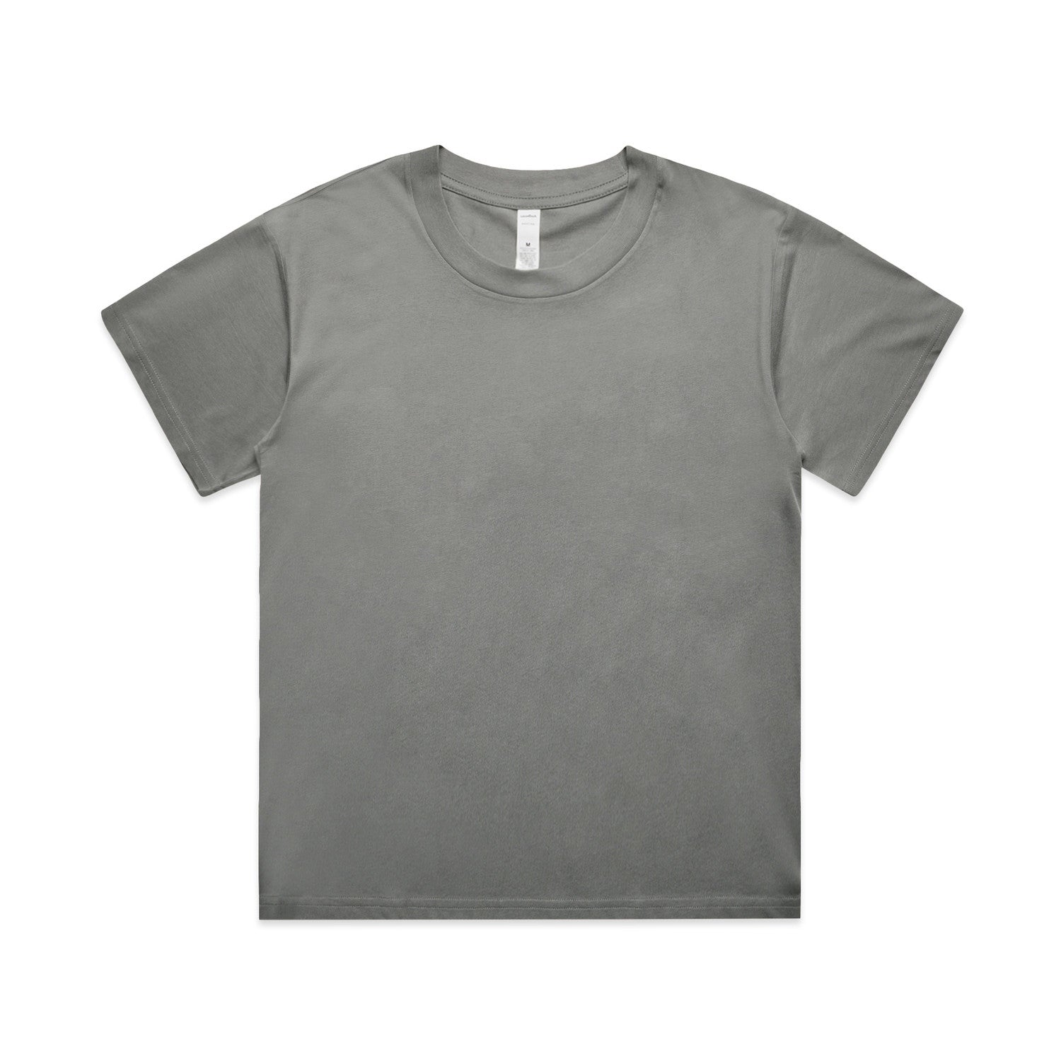 Gray crew neck t-shirt with short sleeves and a relaxed fit.