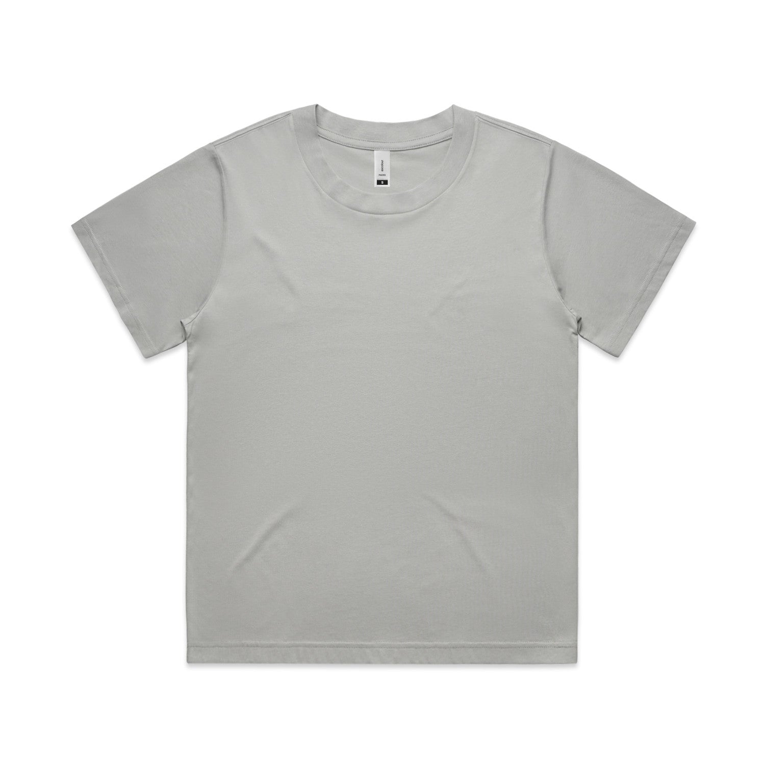 Light gray crew neck t-shirt with short sleeves and a simple design.