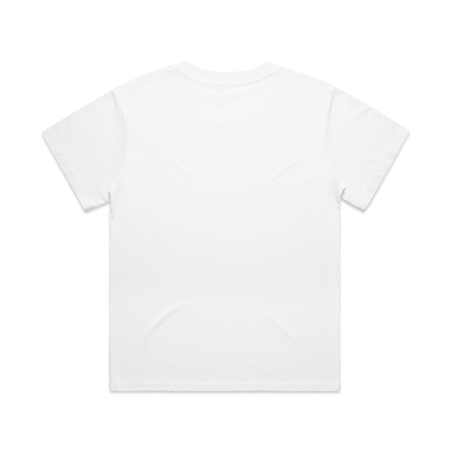 White t-shirt with short sleeves and a crew neck.