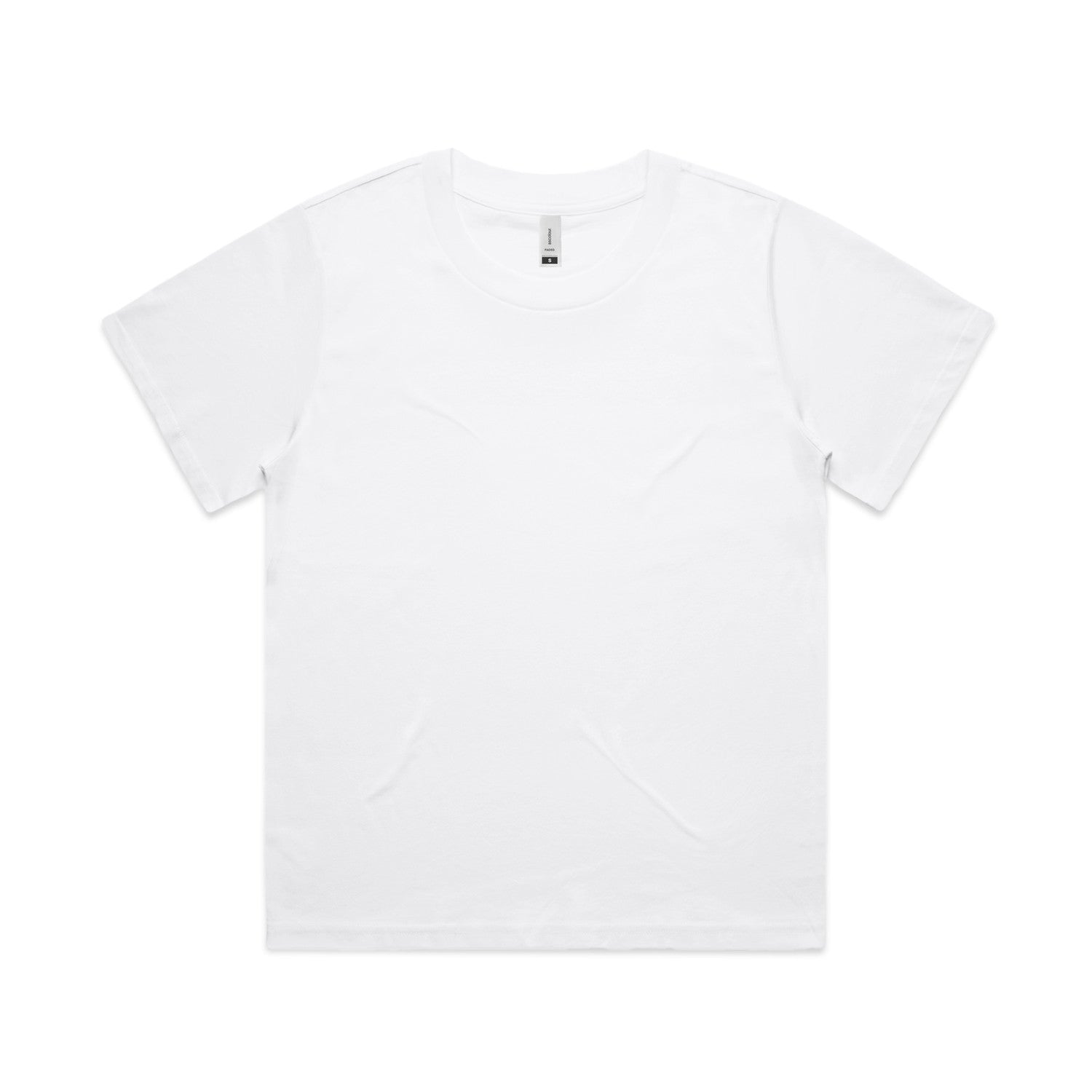 White crew neck t-shirt with short sleeves and a simple design.
