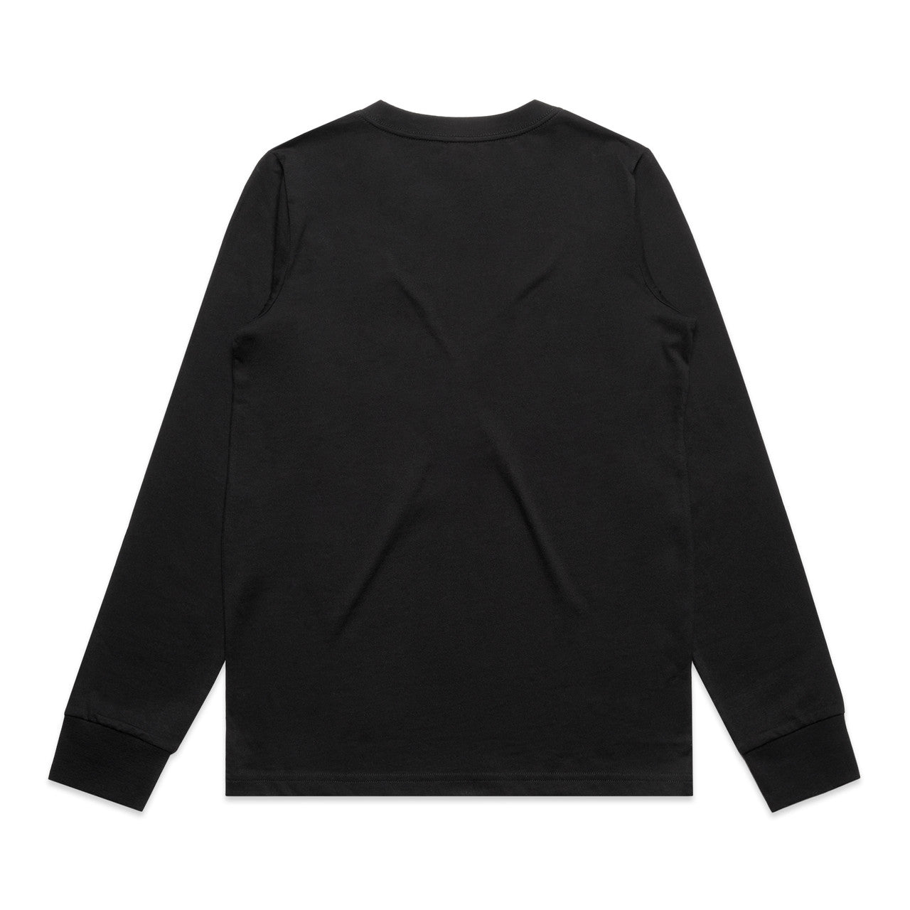 Black long-sleeved crew neck sweatshirt with ribbed cuffs and hem, likely made of cotton or polyester blend.