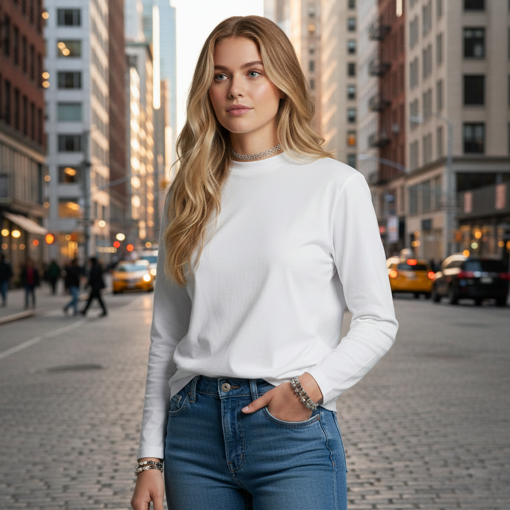 White long-sleeve mock neck sweater with ribbed cuffs and hem, made of soft cotton blend.