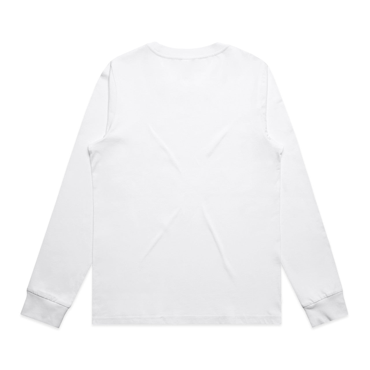 White long-sleeved t-shirt with contrast cuffs and hem, possibly cotton or polyester blend.