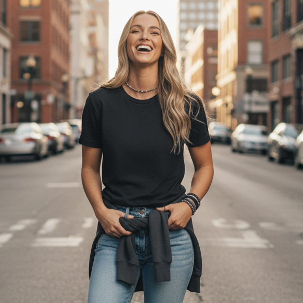 Black t-shirt with high-low hem and pocket detail.
