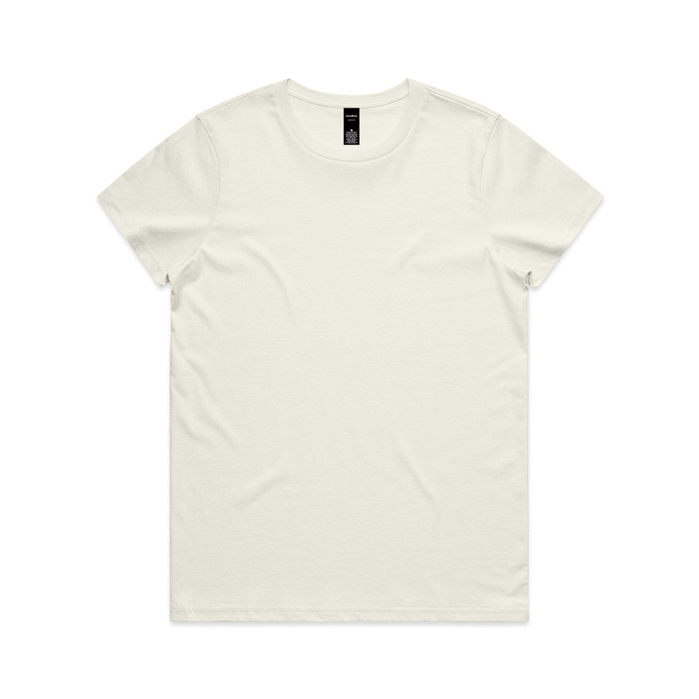 Cream-colored crew neck t-shirt with short sleeves and a relaxed fit.