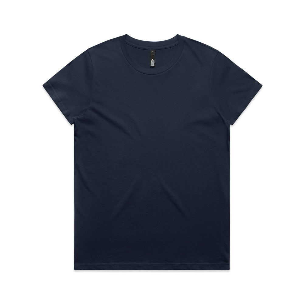 Navy blue crew neck t-shirt with short sleeves and a small white logo on the left chest.
