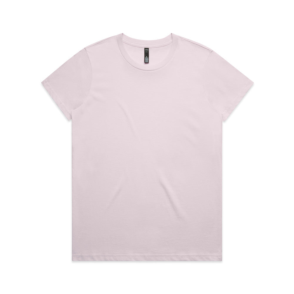 Lavender t-shirt with short sleeves and crew neck.