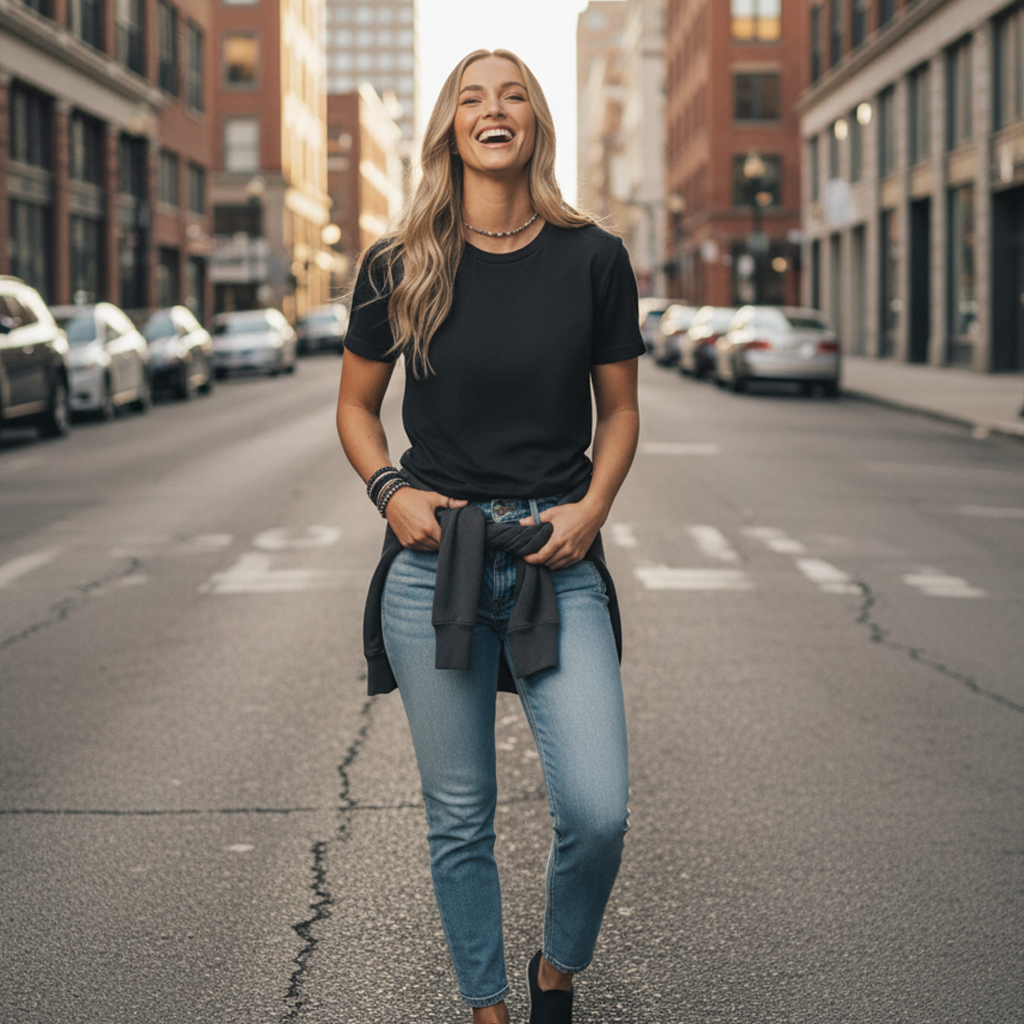 Black short-sleeved t-shirt with high-low hem and pocket detail.