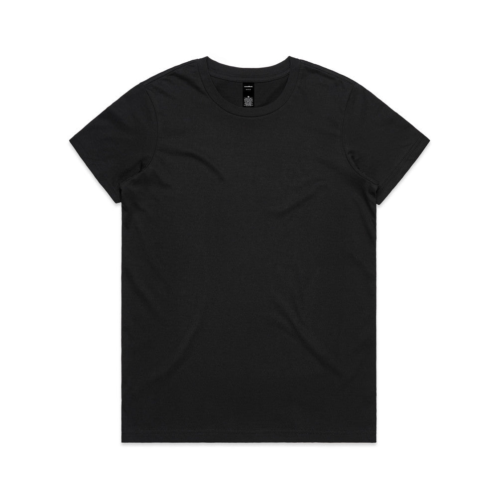 Black v-neck t-shirt with a small white logo on the left chest.