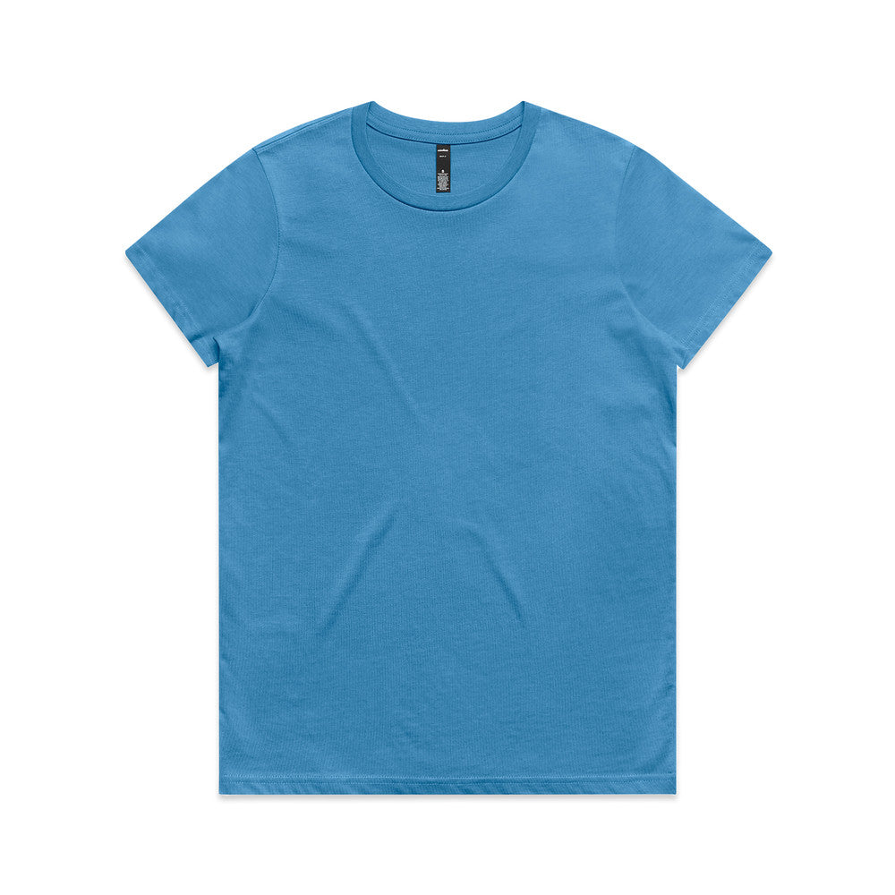 Blue t-shirt with short sleeves and a round neckline.