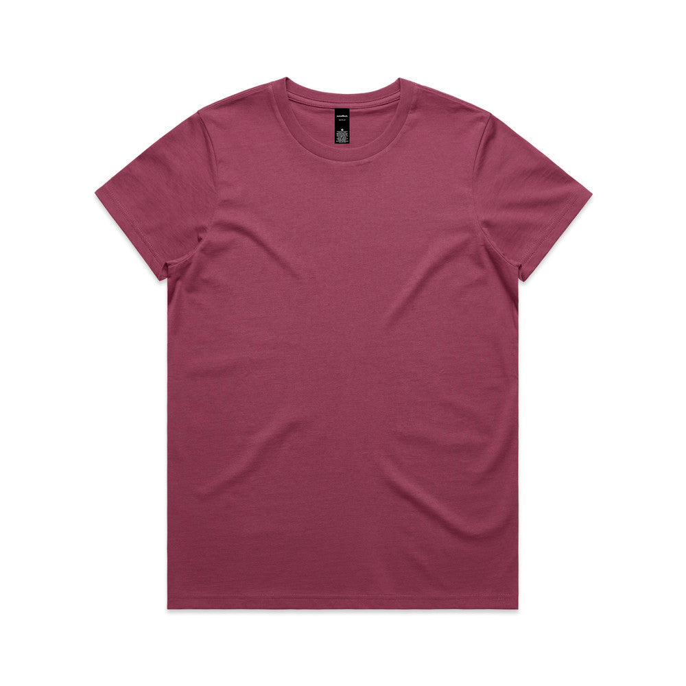 Maroon crew neck t-shirt with short sleeves and a relaxed fit.
