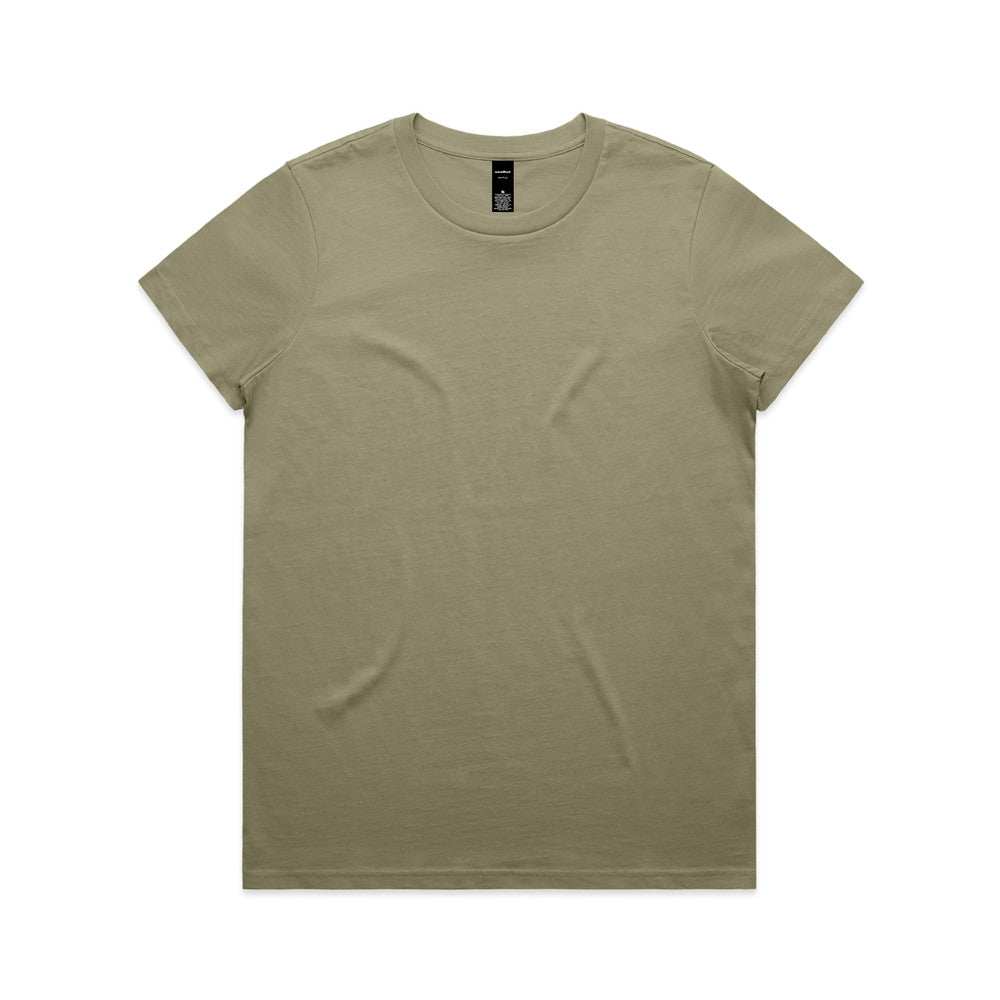 Olive green crew neck t-shirt with short sleeves and a simple design.