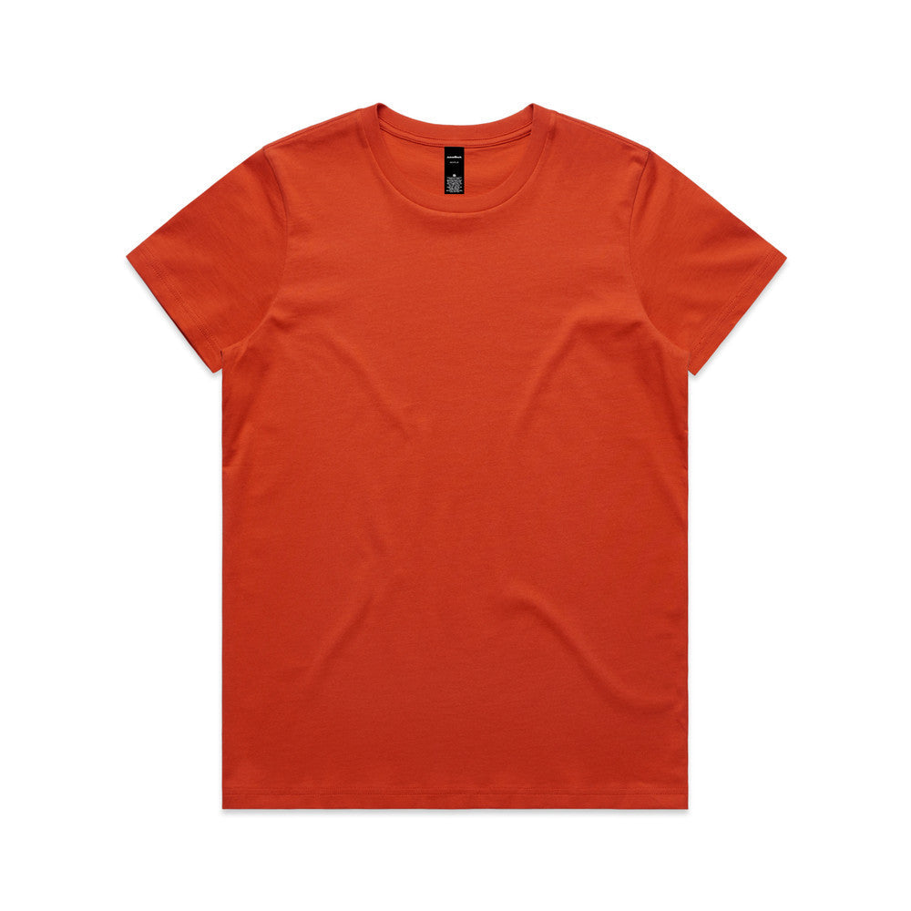 Orange t-shirt with short sleeves and a crew neck.