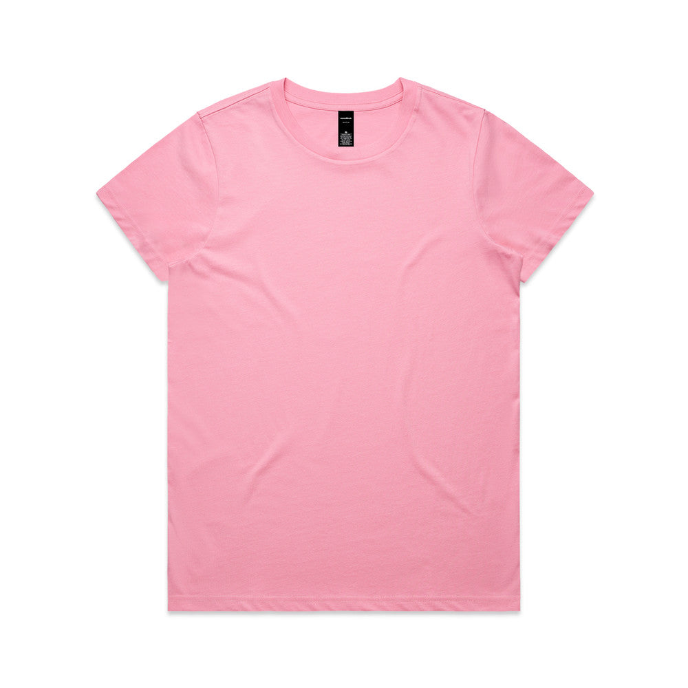 Pink t-shirt with short sleeves and a crew neck.