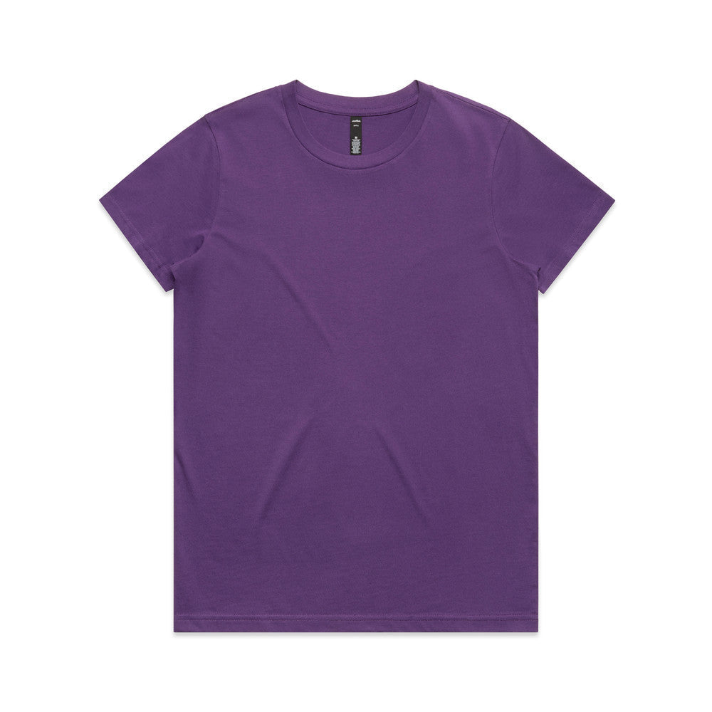 Purple t-shirt with short sleeves and a crew neck.