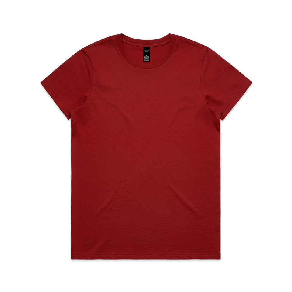 Red crew neck t-shirt with short sleeves and a simple design.
